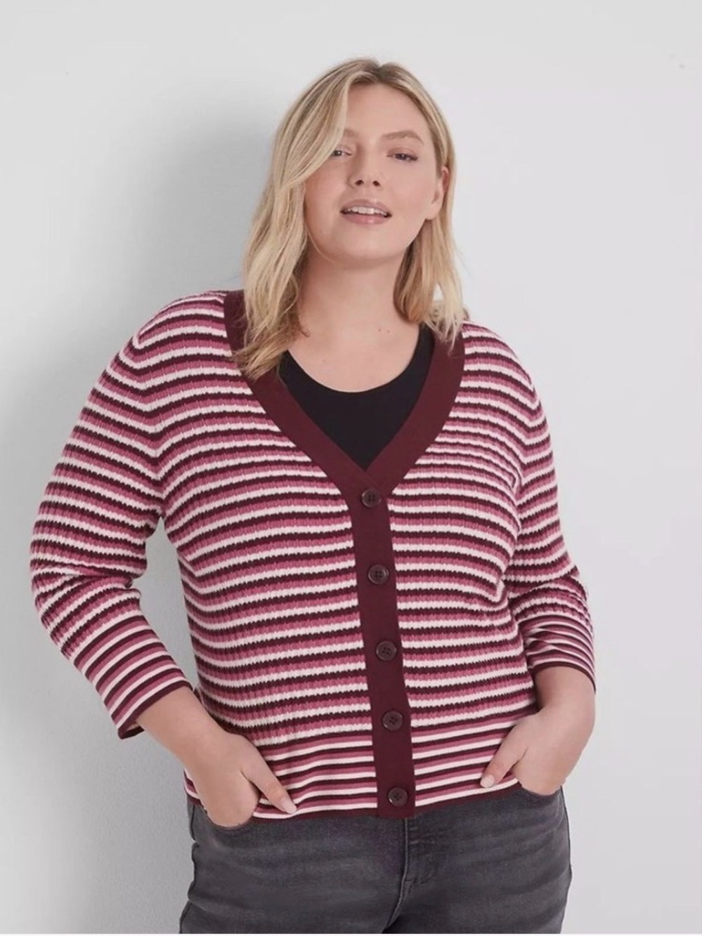 Striped Burgundy and Pink V-Neck Button Cardigan Sweater